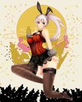  1girl animal_ears bowtie bread_sakana breasts bunny_tail cleavage fishnets grey_eyes highres jumping long_hair looking_at_viewer original rabbit_ears silver_hair solo tail thighhighs wrist_cuffs 