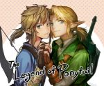  alternate_hairstyle blue_eyes bow_(weapon) charcoalo collaboration earrings gloves jewelry link long_hair mmimmemm nintendo ocarina_of_time pointy_ears ponytail shield sword the_legend_of_zelda weapon zelda_wii_u 