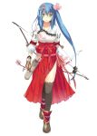  1girl arrow blue_hair bow_(weapon) detached_sleeves fingerless_gloves fish gloves green_eyes hair_ornament japanese_clothes long_hair official_art personification quiver shirohime_quest skirt smile solo tagme transparent_background weapon yamatokouriyama_(shirohime_quest) 