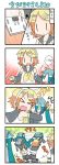 &gt;_&lt; 0_0 4koma :d =d @_@ blonde_hair carrying chibi_miku comic green_hair hair_ornament hairclip hatsune_miku headphones hug kagamine_len kagamine_rin lifting long_hair minami_(colorful_palette) navel open_mouth short_hair silent_comic smile sweat sweatdrop tagme translation_request twintails vocaloid weighing_scale xd |_| 