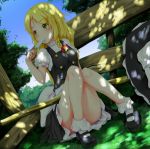  1girl ankle_socks blonde_hair bow braid chachaneko dappled_sunlight dutch_angle eating facing_away grass hair_bow hat hat_removed hat_ribbon headwear_removed kirisame_marisa knees_together_feet_apart knees_up long_hair mary_janes on_ground popsicle puffy_short_sleeves puffy_sleeves ribbon shoes short_sleeves single_braid sitting skirt skirt_set solo touhou witch_hat wooden_fence yellow_eyes 