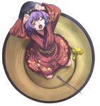  1girl bowl clenched_hands eredhen from_above hat japanese_clothes kimono leaning_back looking_at_viewer looking_up mallet needle obi one_eye_closed open_mouth purple_hair rice_bowl sash short_hair simple_background solo sukuna_shinmyoumaru touhou white_background yawning 