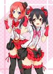  2girls \m/ black_hair black_legwear bow earrings fingerless_gloves gloves hair_bow hat highres jewelry karamoneeze lace lace-trimmed_thighhighs looking_at_viewer love_live!_school_idol_project mini_top_hat multiple_girls navel nishikino_maki open_mouth pose puffy_short_sleeves puffy_sleeves red_eyes red_gloves redhead shirt short_sleeves skirt smile thigh-highs top_hat twintails violet_eyes yazawa_nico zettai_ryouiki 
