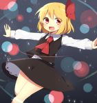  1girl ascot blonde_hair hair_ribbon long_sleeves looking_at_viewer open_mouth outstretched_arms red_eyes ribbon rumia saibi shirt skirt skirt_set smile solo touhou vest 