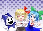  2girls :d :o blonde_hair blouse blue_eyes blue_hair bow cirno crossed_arms dress fang frilled_dress frills hair_bow hair_ribbon halftone halftone_background hand_on_another&#039;s_shoulder jack_frost multiple_girls open_mouth qbthgry red_eyes ribbon rumia shin_megami_tensei short_hair simple_background skirt smile snowman touhou trait_connection vest 