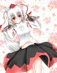  1girl :&lt; animal_ears black_gloves clenched_hands dutch_angle esureki fingerless_gloves gloves hat inubashiri_momiji navel pom_pom_(clothes) red_eyes short_hair silver_hair solo tagme tail tokin_hat touhou wolf_ears wolf_tail 