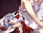  1girl ascot bat_wings bloomers blue_hair crotchless_panties dress eyes_visible_through_hair frilled_dress frilled_skirt frills gengetsu_chihiro highres looking_to_the_side lying mob_cap on_back open_mouth panties pointy_ears puffy_short_sleeves puffy_sleeves red_eyes remilia_scarlet short_hair short_sleeves skirt solo touhou underwear upskirt wallpaper wings 