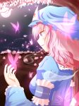  1girl arm_garter butterfly cherry_blossoms commentary full_moon glowing highres hitodama japanese_clothes kimono mob_cap moon night open_hand open_mouth outdoors pink_eyes pink_hair profile saigyouji_yuyuko short_hair solo touhou tree tree_branch triangular_headpiece ucukrtz 