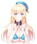  1girl atago_(kantai_collection) bikini_top blonde_hair blue_eyes breasts choker hat kantai_collection large_breasts long_hair looking_at_viewer personification simple_background smile white_background you06 