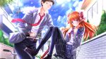  1boy 1girl belt bicycle black_hair black_legwear blush brown_eyes brown_hair d: dress_shirt full-face_blush gekkan_shoujo_nozaki-kun highres long_sleeves motion_blur necktie nozaki_umetarou open_mouth pants pantyhose sakura_chiyo school_uniform shirt swordsouls tagme violet_eyes 