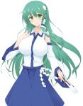  1girl blush breasts detached_sleeves frog_hair_ornament gisyo gohei green_eyes green_hair hair_ornament kochiya_sanae large_breasts long_hair looking_at_viewer simple_background snake_hair_ornament solo touhou very_long_hair white_background 