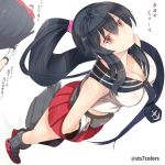  3girls agano_(kantai_collection) black_hair breasts cleavage from_above gloves kantai_collection long_hair looking_at_viewer looking_up multiple_girls noshiro_(kantai_collection) orange_eyes ponytail sailor_collar skirt solo_focus sts twitter_username white_gloves yahagi_(kantai_collection) 