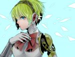  1girl aegis android blonde_hair blue_background blue_eyes bow hairband hand_on_own_chest looking_at_viewer persona persona_3 profile shin_(summer-summer) short_hair solo 