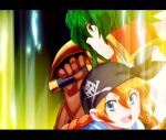  2girls anne_&amp;_mary_(p&amp;d) bandana blue_eyes braid brown_gloves dress gloves green_dress green_eyes holding_weapon letterboxed long_hair multiple_girls open_mouth orange_hair over_shoulder puzzle_&amp;_dragons sailor_collar short_hair side_view skull skull_and_crossbones smile sword t_yamanashi teeth twin_braids twintails weapon weapon_over_shoulder 
