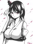  1girl breasts cherry_blossoms detached_sleeves hair_ornament hand_on_head kantai_collection large_breasts lipstick makeup monochrome nontraditional_miko pagoda red_eyes short_hair solo spot_color tassel tokoi yamashiro_(kantai_collection) 