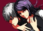  1boy 1girl hug hug_from_behind kamishiro_rize kaneki_ken long_hair purple_hair red_eyes shiromi_(ringo) tokyo_ghoul white_hair 