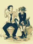  1boy 1girl couple happy highres ishida_shouya koe_no_katachi monochrome nishimiya_shouko ponytail sign_language viria 
