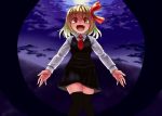  1girl :d blonde_hair blouse darkness fang full_moon hair_ribbon looking_at_viewer moon necktie night open_mouth qbthgry red_eyes ribbon rumia short_hair skirt smile thigh-highs touhou vest zettai_ryouiki 