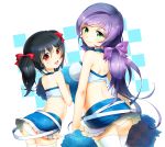  2girls :d ann_hodo black_hair blue_skirt breasts cheerleader green_eyes hair_ribbon looking_at_viewer looking_back love_live!_school_idol_project microskirt midriff miniskirt multiple_girls open_mouth pom_poms purple_hair red_eyes ribbon short_twintails skirt small_breasts smile toujou_nozomi tress_ribbon twintails yazawa_nico 