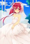  1girl blush bridal_veil commentary_request dress hukasikasi i-168_(kantai_collection) jewelry kantai_collection personification red_eyes redhead ring short_hair_with_long_locks smile solo strapless_dress veil wedding_band wedding_dress 