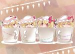  4girls blonde_hair chibi cup flandre_scarlet four_of_a_kind_(touhou) hammer_(sunset_beach) in_container in_cup multiple_girls multiple_persona red_eyes short_hair side_ponytail solo touhou wings 