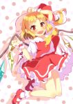  1girl ascot blonde_hair blush bow fang flandre_scarlet hair_bow highres looking_at_viewer no_hat open_mouth puffy_short_sleeves puffy_sleeves red_eyes shirt short_sleeves skirt skirt_set smile solo touhou vest wings wrist_cuffs yuimari 