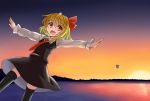  2girls :d blonde_hair blouse cirno fang flying hair_ribbon lake multiple_girls necktie open_mouth outstretched_arms qbthgry red_eyes ribbon rumia short_hair skirt smile spread_arms thigh-highs touhou twilight vest wings zettai_ryouiki 