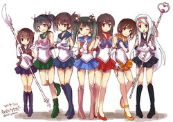  6+girls akagi_(kantai_collection) bishoujo_senshi_sailor_moon black_hair blue_eyes blue_hair blue_skirt boots breasts brown_eyes brown_hair choker cosplay earrings elbow_gloves gloves grey_hair hair_ribbon high_heels hiryuu_(kantai_collection) jewelry kaga_(kantai_collection) kantai_collection knee_boots long_hair magical_girl momozakura_nanao multiple_girls open_mouth purple_skirt ribbon sailor_collar sailor_jupiter sailor_jupiter_(cosplay) sailor_mars sailor_mars_(cosplay) sailor_mercury sailor_mercury_(cosplay) sailor_moon sailor_moon_(cosplay) sailor_pluto sailor_pluto_(cosplay) sailor_saturn sailor_saturn_(cosplay) sailor_senshi sailor_venus sailor_venus_(cosplay) short_hair shoukaku_(kantai_collection) side_ponytail silence_glaive silver_hair skirt smile souryuu_(kantai_collection) taihou_(kantai_collection) tiara time_staff twintails zuikaku_(kantai_collection) 