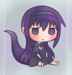  1girl akemi_homura black_hair chibi dress funeral_dress hairband long_hair looking_at_viewer mahou_shoujo_madoka_magica mahou_shoujo_madoka_magica_movie salamander_tail simple_background sitting solo tail violet_eyes yukasuke 