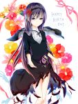  1girl akemi_homura black_hair dissolving_clothes dress feathers flower funeral_dress hairband happy_birthday highres long_hair mahou_shoujo_madoka_magica mahou_shoujo_madoka_magica_movie reanisu_lunashi ribbon simple_background smile solo soul_gem spoilers violet_eyes white_background 