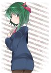  1girl ass commentary_request contemporary dress_shirt formal green_eyes green_hair hair_ribbon hammer_(sunset_beach) looking_at_viewer necktie no_hat pantyhose papers ribbon shikieiki_yamaxanadu shirt short_hair skirt_suit solo suit touhou 