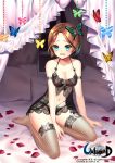  1girl aqua_eyes armband bed black_joa breasts brown_hair butterfly butterfly_hair_ornament cleavage fishnets hair_ornament highres lingerie open_mouth petals pillow short_hair solo thigh-highs underwear unleashed wavy_mouth 