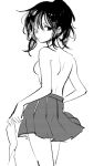  1girl bare_back coppelion hair_over_one_eye ichikawa_meisa looking_at_viewer looking_back miniskirt monochrome penki pleated_skirt short_ponytail skirt solo topless 