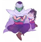  2boys :d black_hair cape crossed_arms dragon_ball dragon_ball_z green_skin hat indian_style kneeling looking_at_another male multiple_boys open_mouth piccolo pointy_ears simple_background sitting smile son_gohan turban wakame_(poly6) white_background wristband younger 