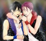  black_hair blue_eyes blush free! male matsuoka_rin microphone multiple_boys nanase_haruka_(free!) open_mouth red_eyes redhead sharp_teeth short_hair smile sweat yaoi 