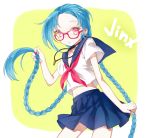  1girl alternate_costume bespectacled blue_hair blue_skirt braid character_name glasses jinx_(league_of_legends) league_of_legends long_hair midriff navel pink_eyes red-framed_glasses school_uniform serafuku skirt solo takano_suzu twin_braids twintails very_long_hair 