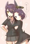  2girls cardigan dress eyepatch hair_ornament hand_on_hip highres hug kantai_collection looking_at_viewer mechanical_halo multiple_girls necktie no_nose pleated_skirt purple_hair school_uniform short_hair skirt sleeves_rolled_up smile tatsuta_(kantai_collection) tenryuu_(kantai_collection) violet_eyes yellow_eyes you-1110 