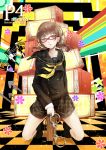  1girl brown_eyes brown_hair character_name checkered checkered_floor cuffs doujima_nanako glasses handcuffs houndstooth kneeling persona persona_4 red-framed_glasses reio_reio school_uniform solo teenage television twintails 