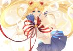  1girl bishoujo_senshi_sailor_moon blonde_hair blue_eyes blue_skirt brooch choker double_bun earrings hair_ornament hairpin henshin jewelry joseph_lee long_hair magical_girl outstretched_hand pleated_skirt ribbon sailor_moon skirt solo tsukino_usagi twintails 