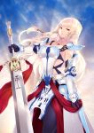  1girl armor bare_shoulders blonde_hair blue_eyes braid breasts cait cape cleavage dress gloves highres long_hair original solo sword weapon 