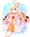  1girl anais_del_caril bird blonde_hair blue_eyes bow cake coat cookie dress eating food food_as_clothes food_on_face food_themed_clothes highres long_hair looking_at_viewer open_clothes open_coat plate solo tales_weaver very_long_hair wide_sleeves yellow_dress yuya_(night_lily) 