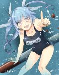  1girl :d blue_hair fang i-19_(kantai_collection) kantai_collection looking_at_viewer mate@juken open_mouth pink_eyes pointing pointing_at_viewer school_swimsuit smile solo swimsuit torpedo twintails underwater 