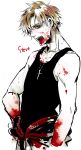  1boy bare_shoulders blonde_hair blood blood_in_mouth blood_splatter bloody_clothes character_name fangs hair_over_one_eye hand_on_hip hys122211 open_mouth red_eyes short_hair solo spoilers steve_leonard tank_top the_saga_of_darren_shan 