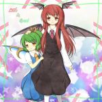  blouse daiyousei demon_wings dress english fairy_wings green_hair hand_on_another&#039;s_head head_wings ilk koakuma long_hair red_eyes redhead short_hair side_ponytail skirt touhou vest wings yellow_eyes 