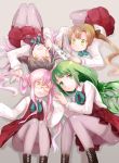  4girls :d ahoge akigumo_(kantai_collection) boots brown_hair comah curly_hair double_bun drawing glass green_eyes green_hair kantai_collection knees_up long_hair looking_at_viewer lying makigumo_(kantai_collection) mole multicolored_hair multiple_girls naganami_(kantai_collection) on_back on_stomach open_mouth pantyhose pencil pink_hair pleated_skirt red_skirt ribbon sketchbook skirt sleeveless sleeveless_shirt smile twintails yellow_eyes yuugumo_(kantai_collection) 