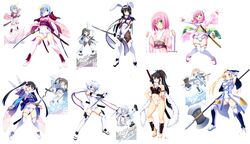  armor black_hair blonde_hair breasts hammer highres japanese_clothes katana kimono kuuchuu_yousai long_hair multiple_girls pink_hair pop samurai samurai_armor sengoku_tenshi_djibril short_hair smile sword weapon 