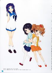  3girls absurdres back-to-back bandaid black_hair blue_eyes blue_hair brown_eyes brown_hair casual highres hiradaira_chisaki hisanuma_sayu ishii_yuriko kawatsura_kousuke long_hair multiple_girls nagi_no_asukara official_art pantyhose scan school_uniform serafuku shiodome_miuna short_hair side_ponytail simple_background twintails white_background 