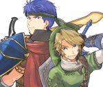  back-to-back blonde_hair blue_eyes blue_hair cape earrings fire_emblem fire_emblem:_akatsuki_no_megami grin hat headband ike jewelry link nikayu nintendo pointy_ears shield shoulder_pads smile super_smash_bros. sword the_legend_of_zelda twilight_princess weapon 