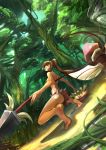  bare_shoulders blood breasts cleavage crying forest highres league_of_legends long_hair midriff nature nidalee polearm ponytail spear squatting tears teemo tree ward weapon 