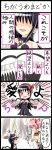  2girls 4koma absurdres akemi_homura akuma_homura argyle argyle_legwear ayukazu bare_shoulders black_gloves black_hair blush bow chibi choker comic dress elbow_gloves feathered_wings gloves hair_bow hair_ribbon highres kaname_madoka long_hair mahou_shoujo_madoka_magica mahou_shoujo_madoka_magica_movie multiple_girls pink_hair ribbon short_hair short_twintails spoilers squatting thigh-highs translation_request twintails violet_eyes wings 